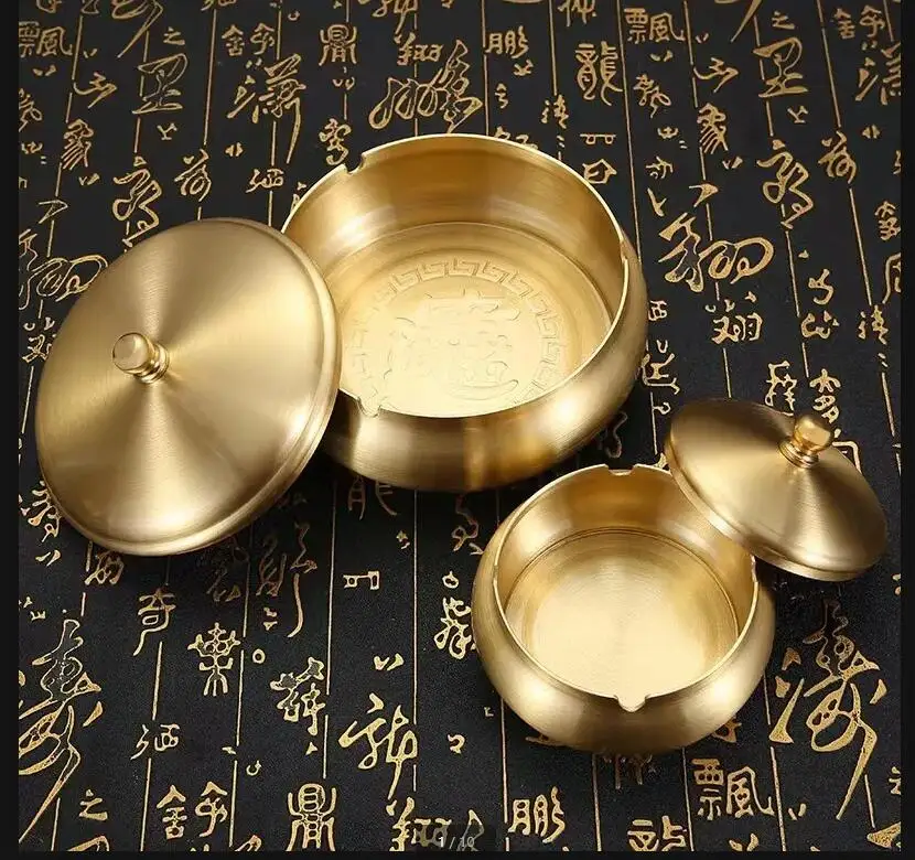 Brass Ashtray with Cover Anti Fly Ash Storage Box Soot Tray Desktop Decor Ornament Portable Smoking Accessories