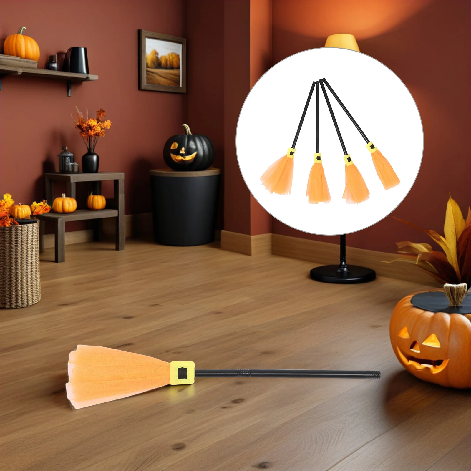

4Pcs Halloween Witch Broomstick Orange Lightweight Durable Mesh Wizard Costume Prop Party Decoration Indoor Outdoor