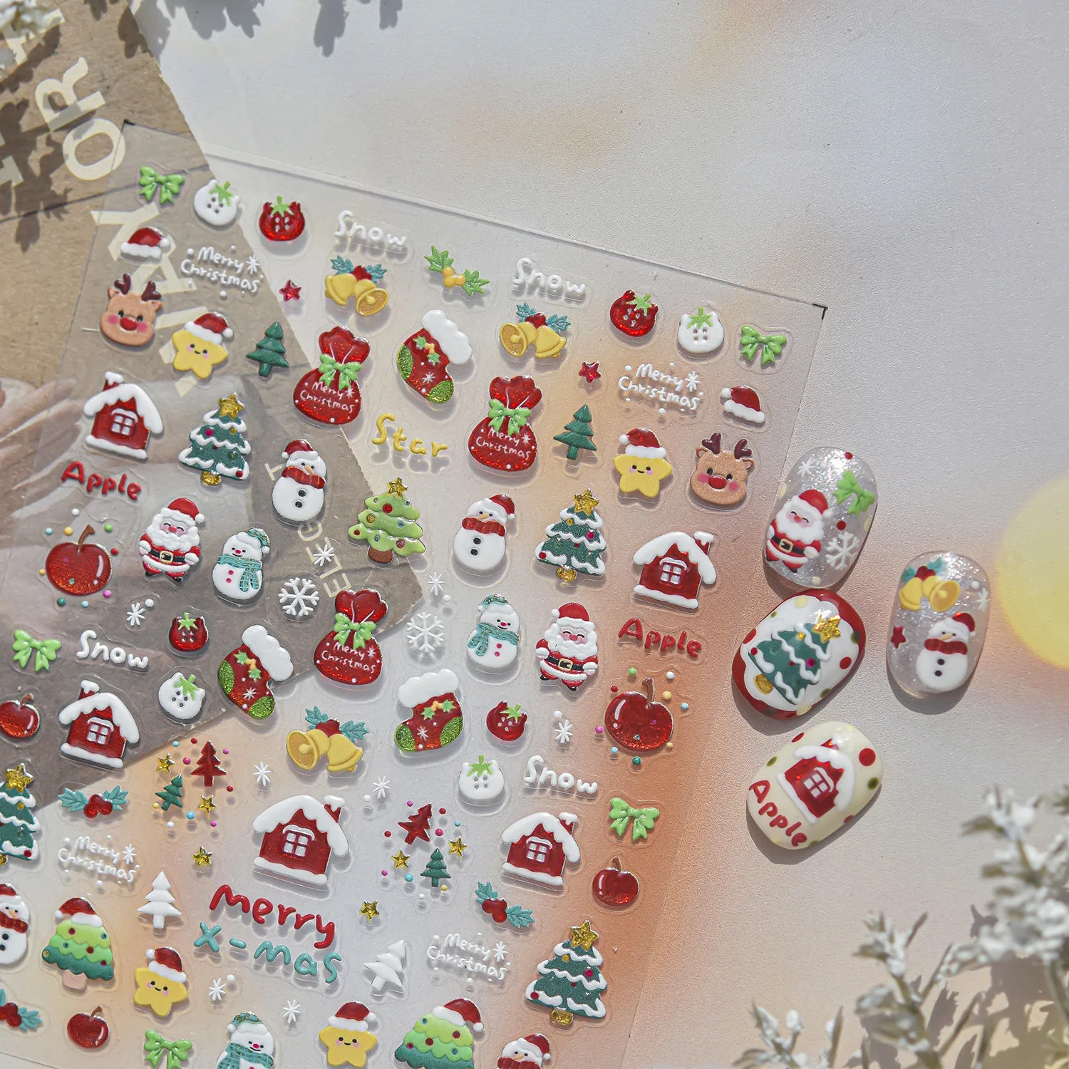 Retro Xmas 5D Nail Sticker Cartoon Santa Gingerbread Man Colorful Xmas Tree Berry Star Self‑Adhesive Nail Decal Winter Festival