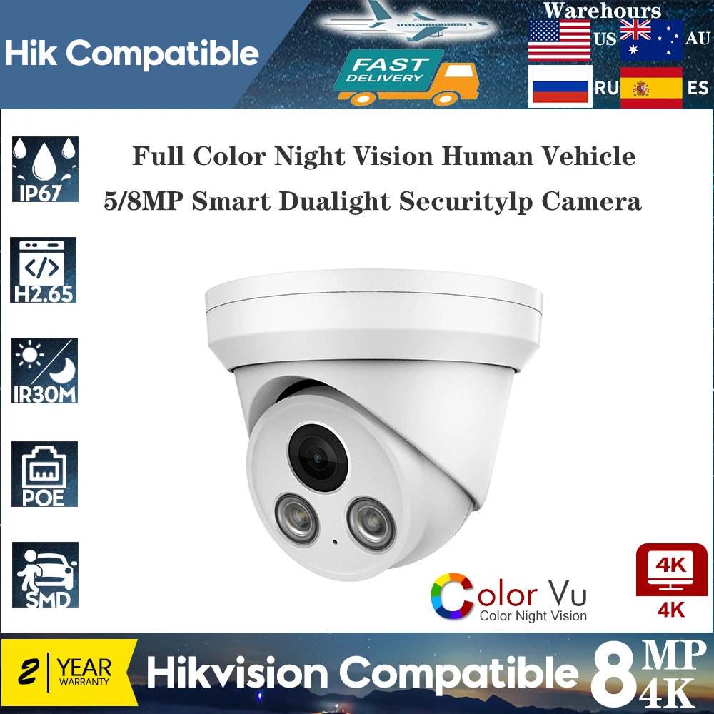 Hikvision Compatible 5MP 8MP 4K Security PoE IP Camera Full Color Night Vision Human Vehicle Detect with MIC Outdoor CCTV Camera