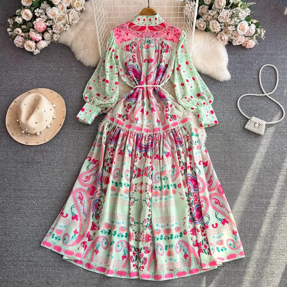 2024 Fashion Flower Chiffon Dress Women's Turtleneck Lantern Sleeve Single Breasted Floral Print Lace Up Loose Robe Vestido 2389