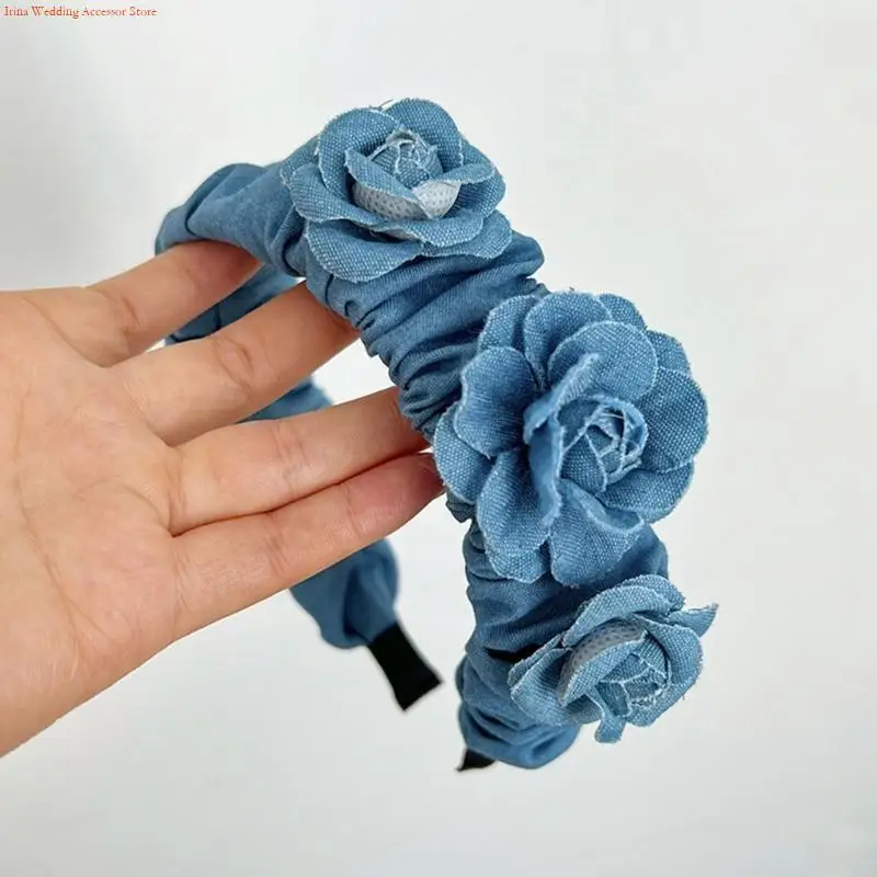 G92D Spring Summer Yoga SPA Sports Hair Hoop Delicate Hairband with Blue Rose Woman Teens Wash Face Hair Accessory