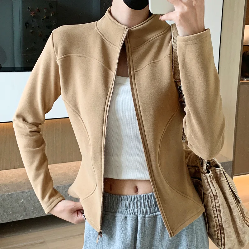 New Fashion Stand Up Collar Tight Fitting Top Autumn Winter Kaola Fleece Jacket for Women Double Arc Curve Zipper Style Cardigan
