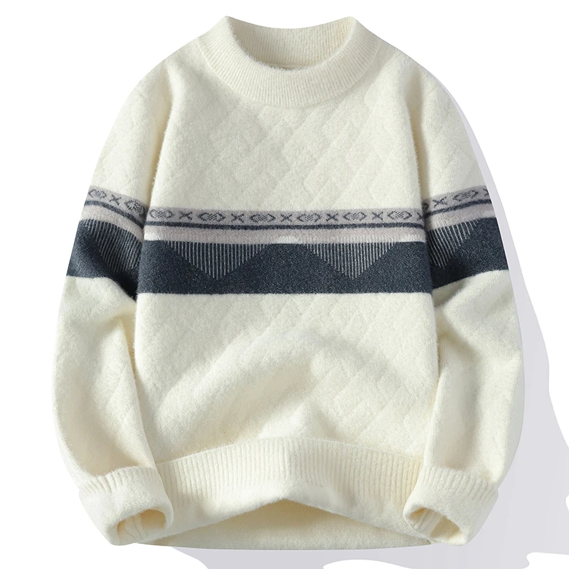 

Мужской полосатый свитер из норкового меха с полувысоким воротником, осень и зима, теплый топ для подростков, зимняя одежда, вязаный свитер