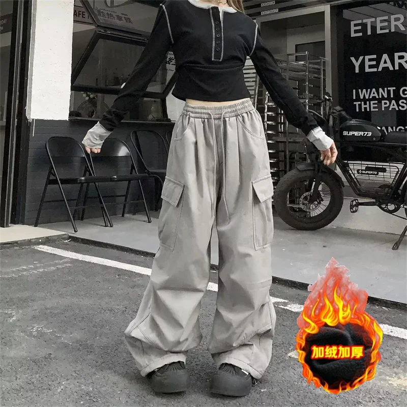 

Warm Fleece Lined Wool Pants for Women Thicken Black Cargo Pants Winter Stright Wide Leg Pants Female Loose Causal Trousers