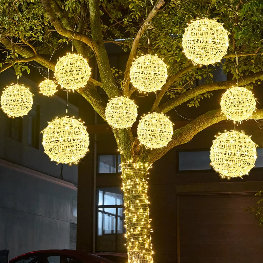 New Year LED Rattan Ball Christmas Tree String Lights Outdoor 20/30CM Garden Decoration Wedding Party Patio Hanging Fairy Lights