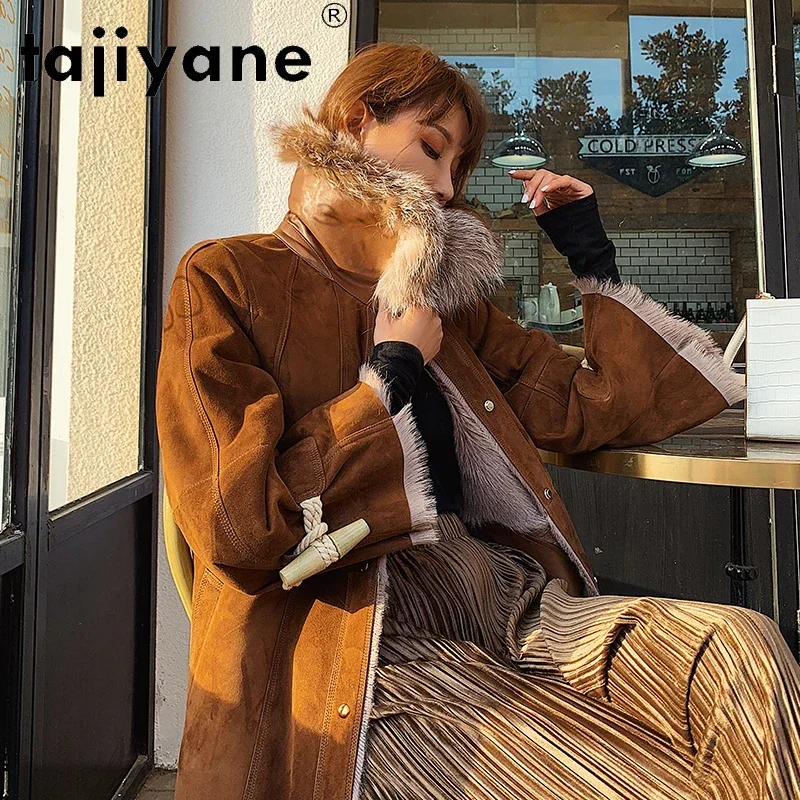 

Tajiyane 2021 Winter 100% Genuine Goatskin Coat Women Fashion Fox Fur Collar Real Woolen Liner Jackets Elegant Abrigos Mujer Gmm