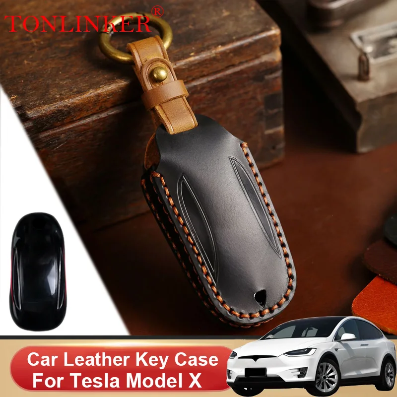 

TONLINKER Car Dedicated Leather Key Case For Tesla Model X 2016 2017 2018 219 2020 Holder Shell Remote Keychain Accessories