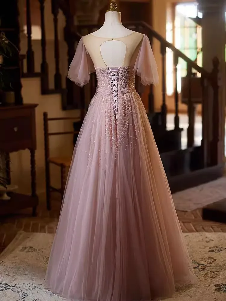 Customized Pink Women Wedding Party Dresses Sheer Neck Short Sleeve Corset Beads A Line Long Formal Occasion Wear Evening Prom