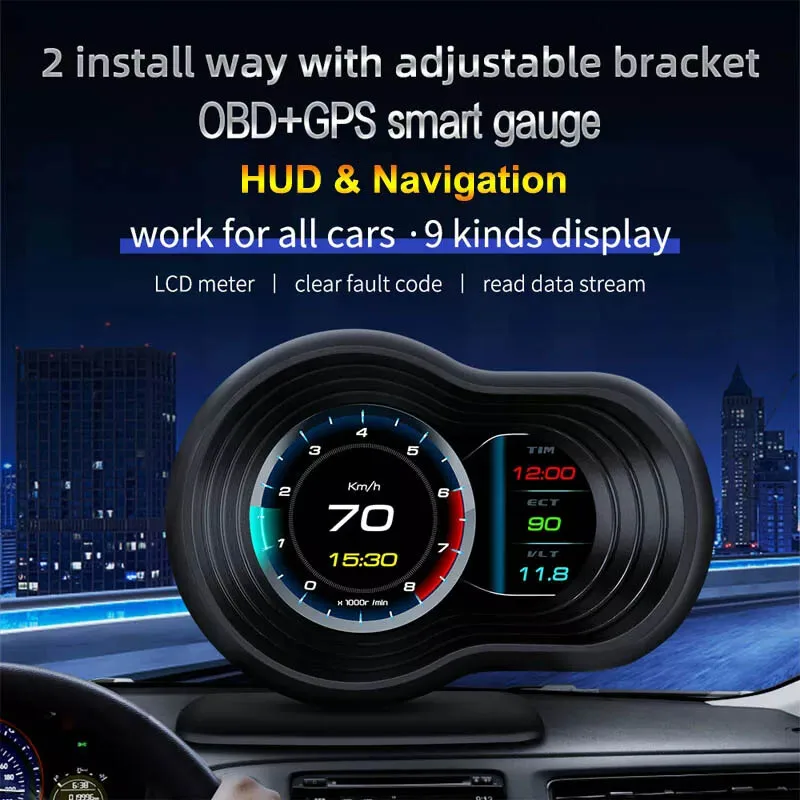 

F9 OBD HUD Head-up Display Digital Speedometer Water Temperature Fuel Consumption Driving Distance Overspeed Alarm Brake Test