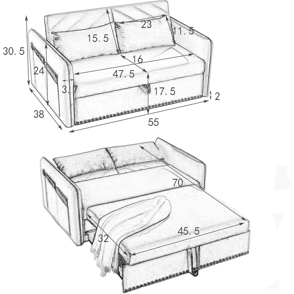 Loveseat Sleeper USB Port Pull Out Couch with Nailhead Trim, 3 in 1 Sofa Bed Adjustable Backrest with 2 Pillows
