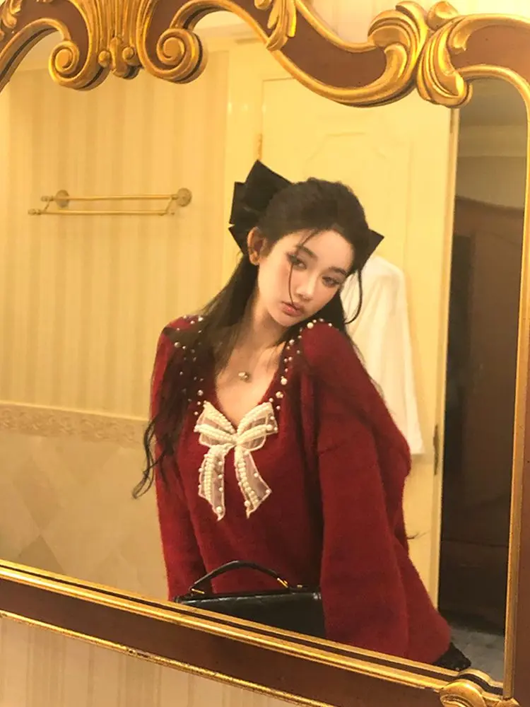 Sweater Natal Rajutan Pita Atasan Gaya Prancis Elegan Pakaian Musim Dingin