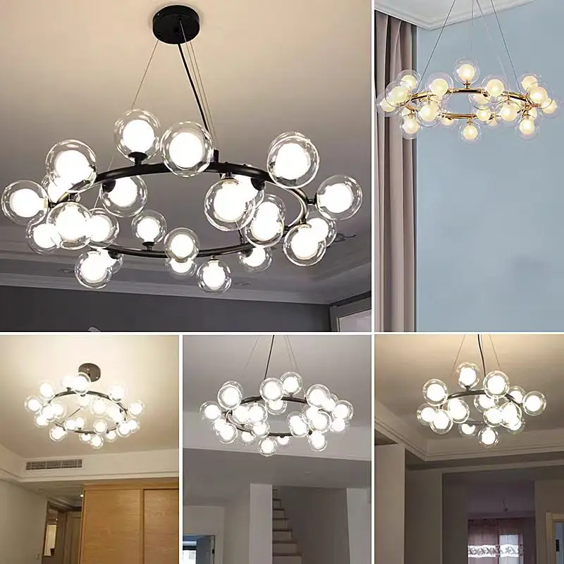 SANDYHA Nordic Pendant Lights Glass Globe Lampshade Ring Chandeliers for Living Room Dining Table Lighting Bedroom Decoration