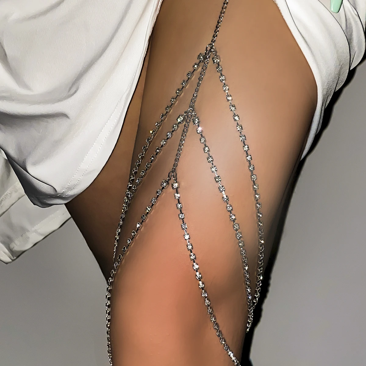 IngeSight.Z Sexy Rhinestones Leg Thigh Chain for Women Multilayer Shiny Crystal Silver Color Waist Body Chain Beach Jewelry