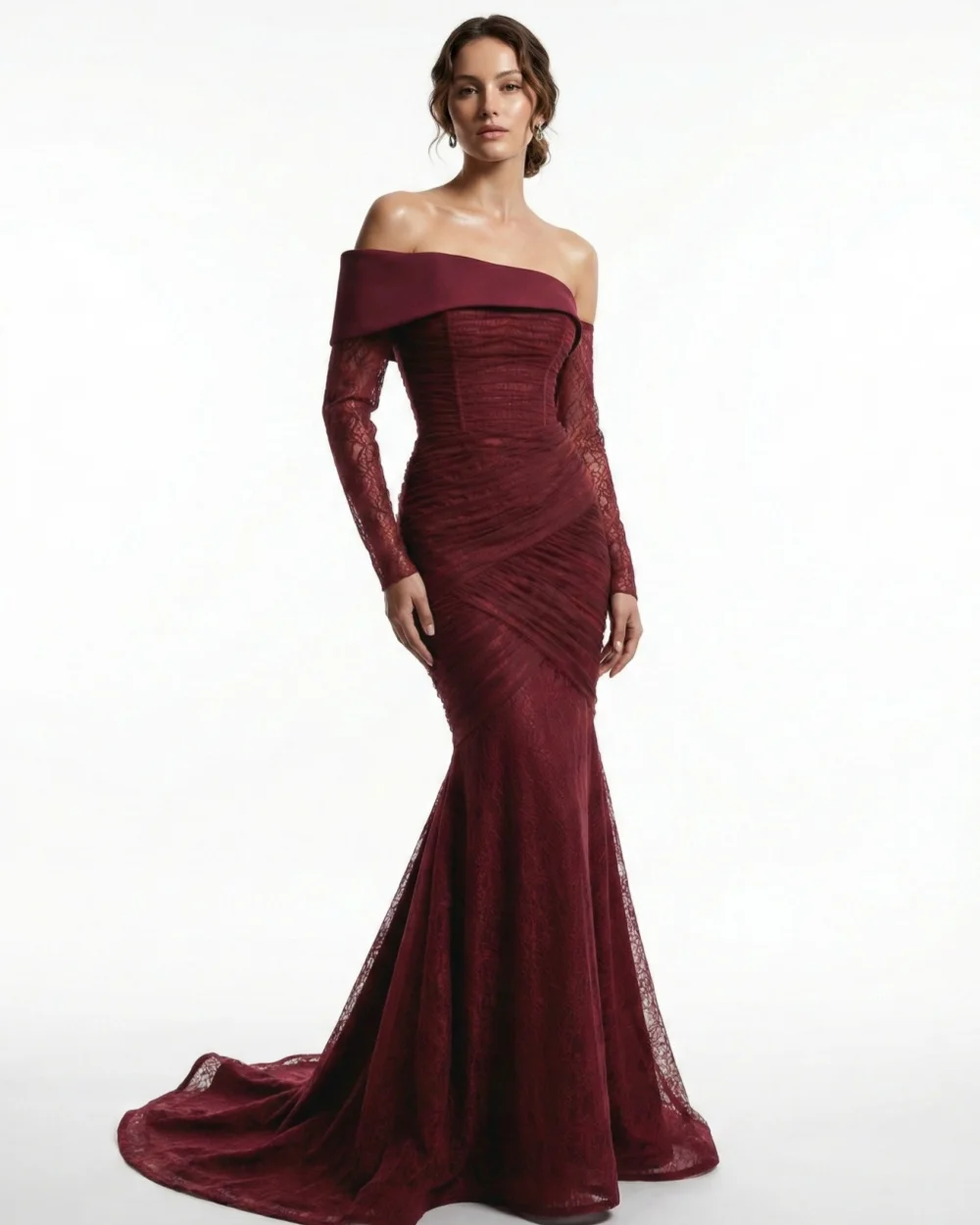 

Customized High Quality Fashion Lace Ruched Pleat Mermaid Evening Dresses Elegant Off-the-shoulder Floor Lenght Prom Dresses
