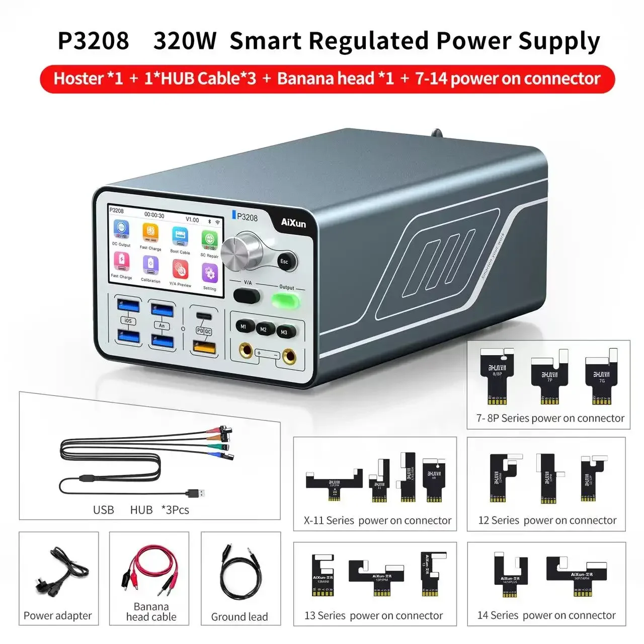 AIXUN P3208 320W Smart Regulated Power Supply for Phone 7-14ProMax Support PD/QC Fast Charge Protocols One-button Power-on Cable