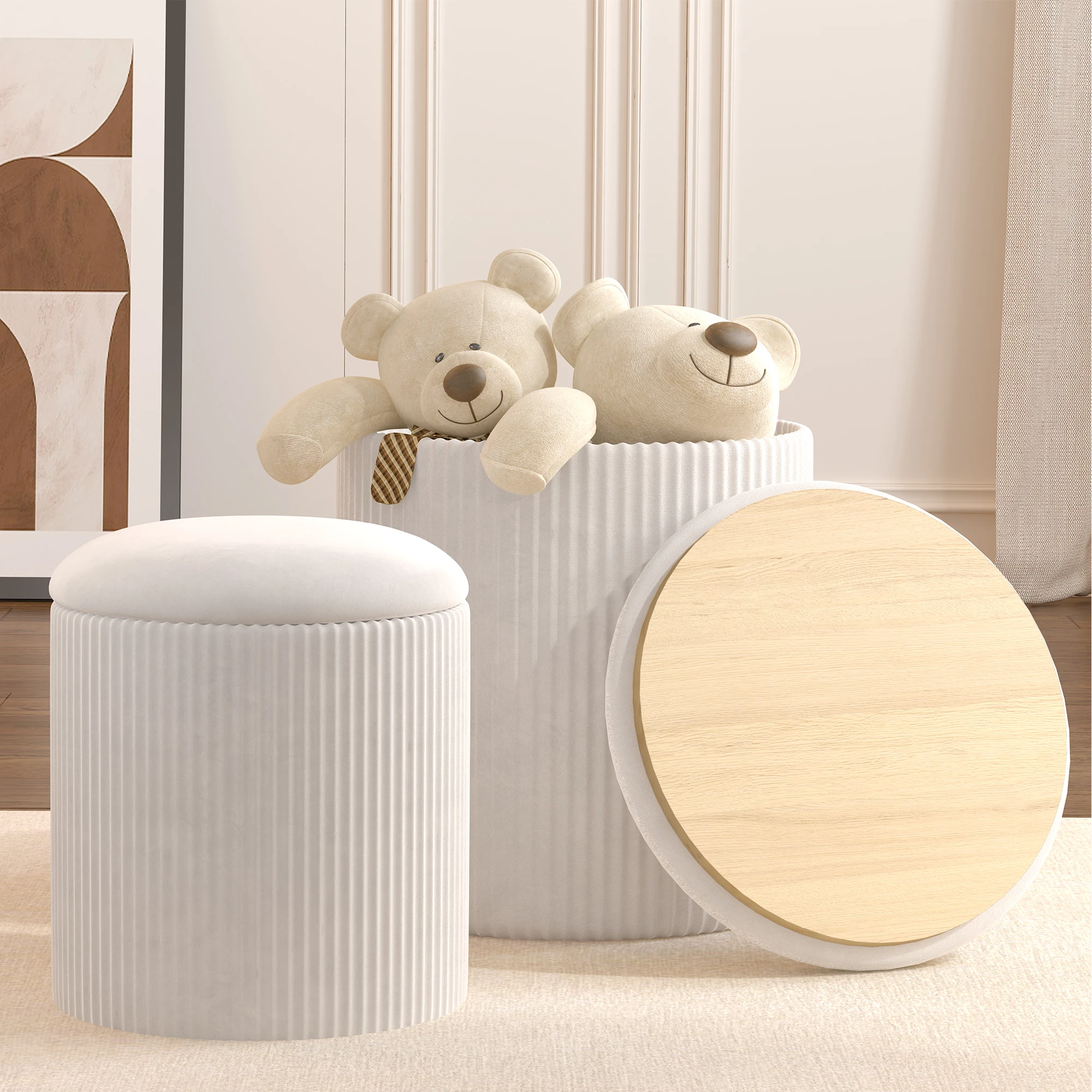 

Modern Velvet Round Ottoman Stool Wooden Vanity Chair with Extendable Storage for Bedroom or Hotel Use