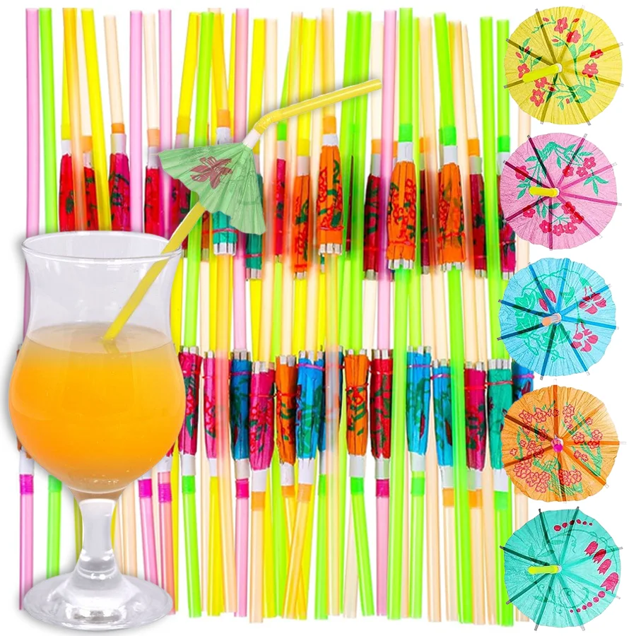 30/60pcs Colorful Drinking Straw with Paper Umbrella Festival Party Restaurant Household Vacation Drinks Decor Straw XJM