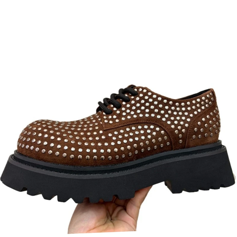 

Europe/America Street Show Rivet star Casual Derby Shoes for Men's Dress Shoes Genuine Leather Thick Soled Height Increased Shoe