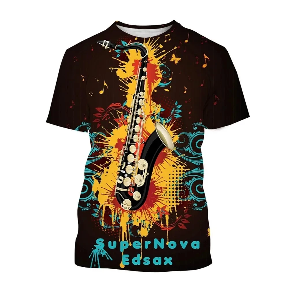 New Men's Street Casual Music Element 3D T-shirt Hip-Hop Saxophone Pattern Print Tops Fashion Trend Handsome Round Neck Clothing