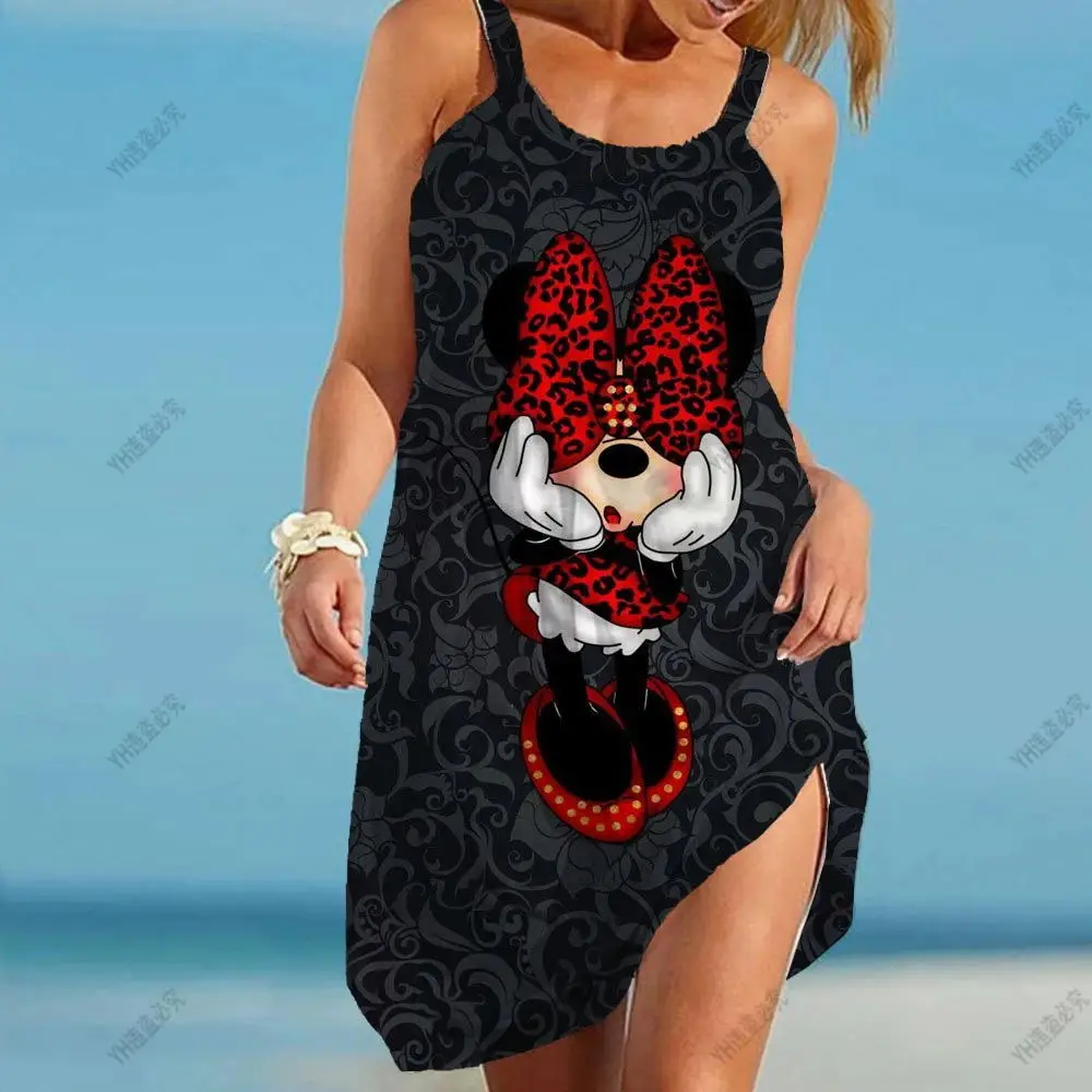 2024 Nieuwe Grote Swing Off Shoulder Losse Zomerjurk S-5xl Zomerjurken Disney Mickey Mouse Strap Strandjurk Voor Dames