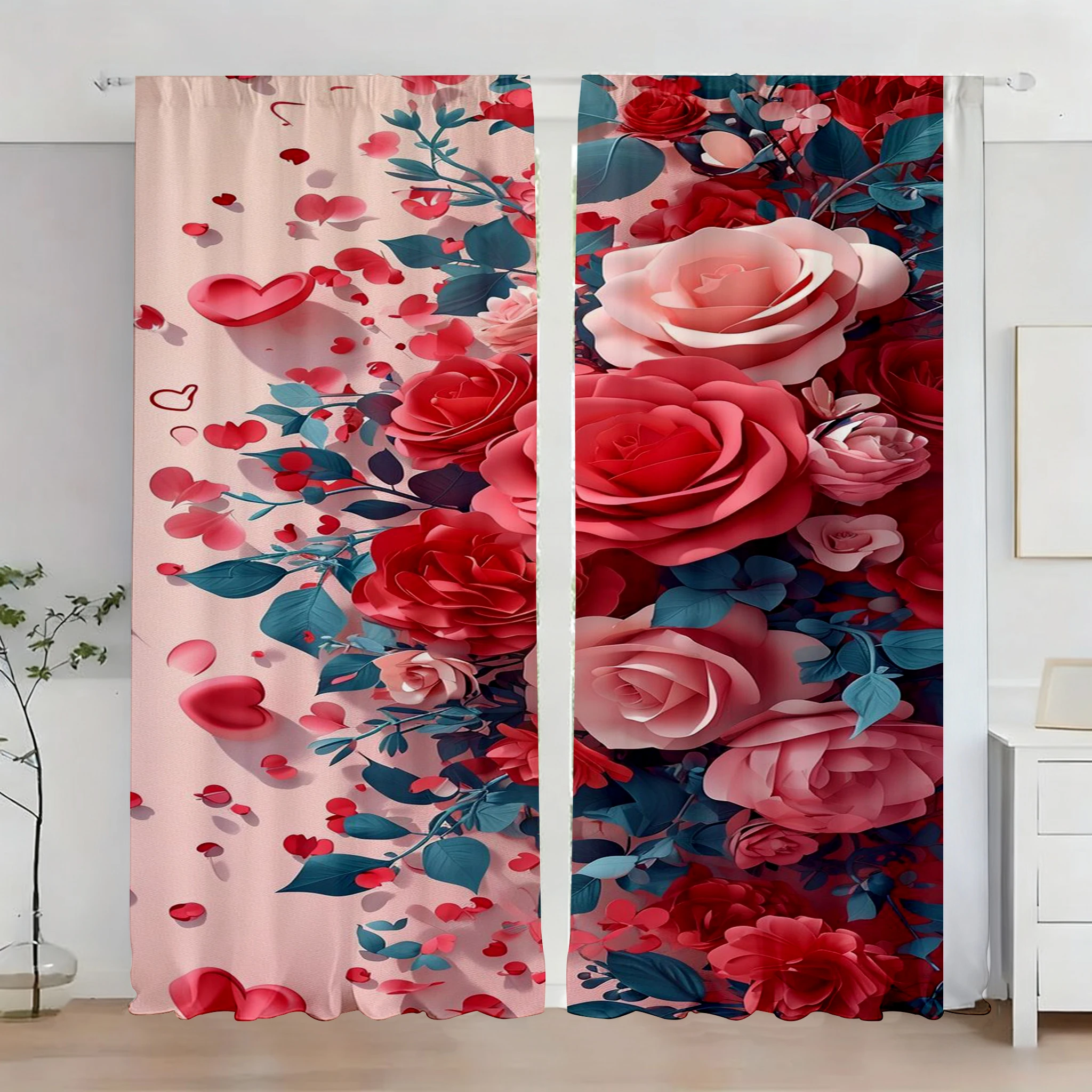 2 Stück romantische rote und rosa Rosen-Herz-Vorhänge, Schlafzimmer, Wohnzimmer, Fensterdekoration, Valentinstag, schicke Heimdekoration, Stangentaschenvorhang