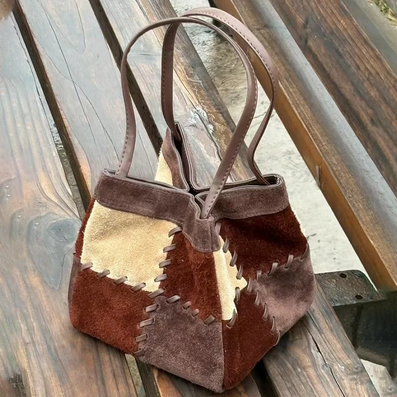 

Patchwork Suede Bucket Bag Vintage Color-block Women’s Shoulder Bag With Weave Process Luxury Leather Vegetable Basket Handbag