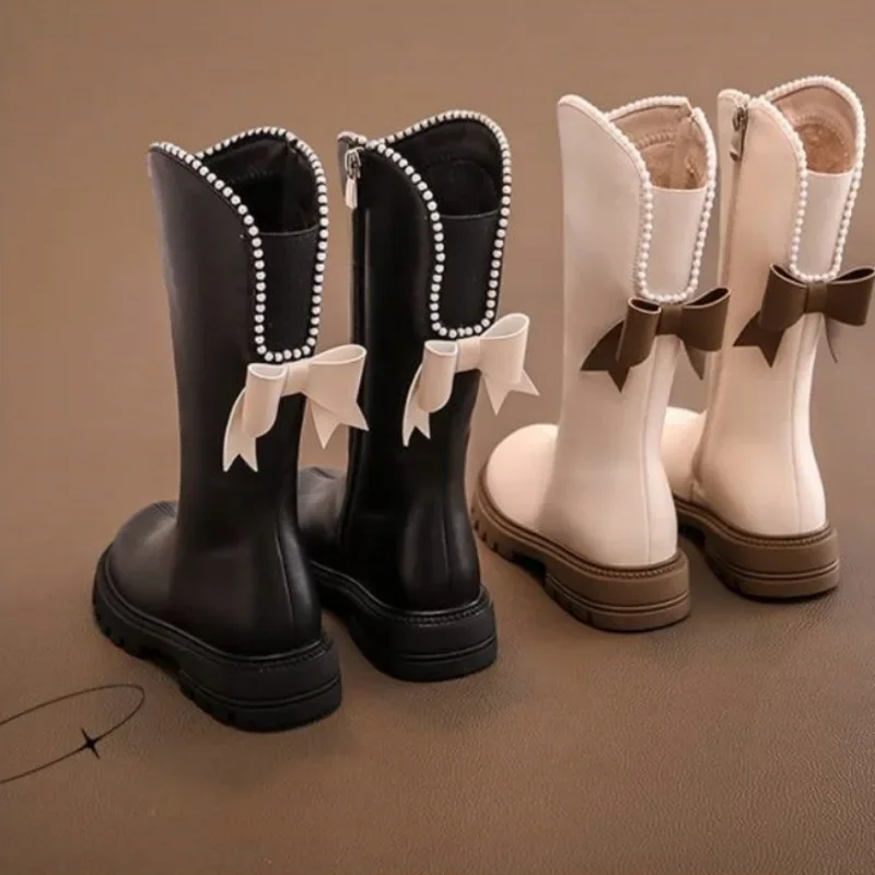 Bottes longues en cuir pour filles et enfants, chaussures de princesse étrangères en cachemire, nouvelle collection hiver 2024