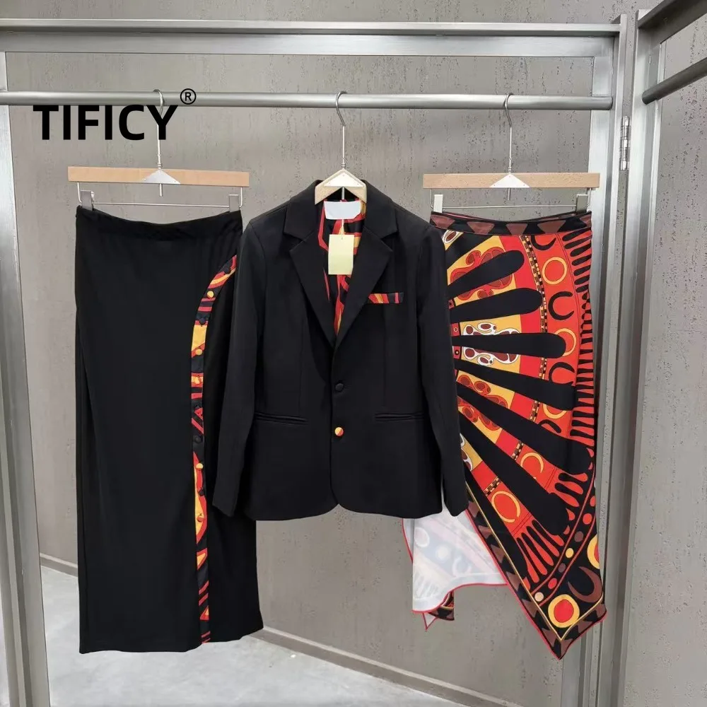 High Street Autumn New Color Blocked Pattern Slimming Suit Jacket Paired with Mid Length Skirt Elegant and Intellectual