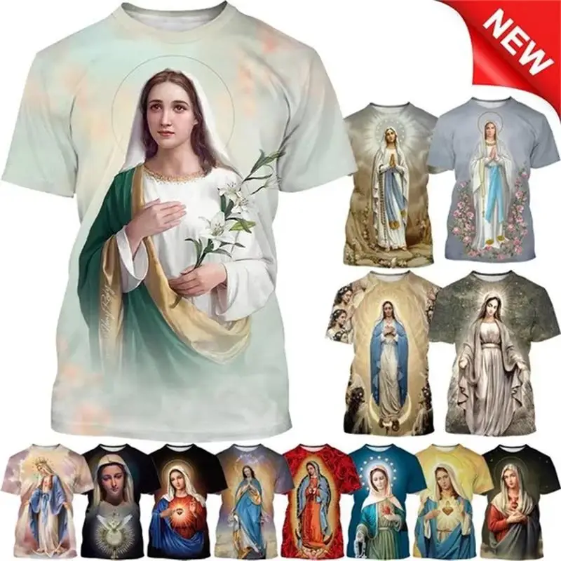 Virgin Mary T Shirt Goddess of Mercy 3D Print T-Shirt Christian Blessed Jesus God Tee Shirts Womens Clothing Unisex Short Sleeve