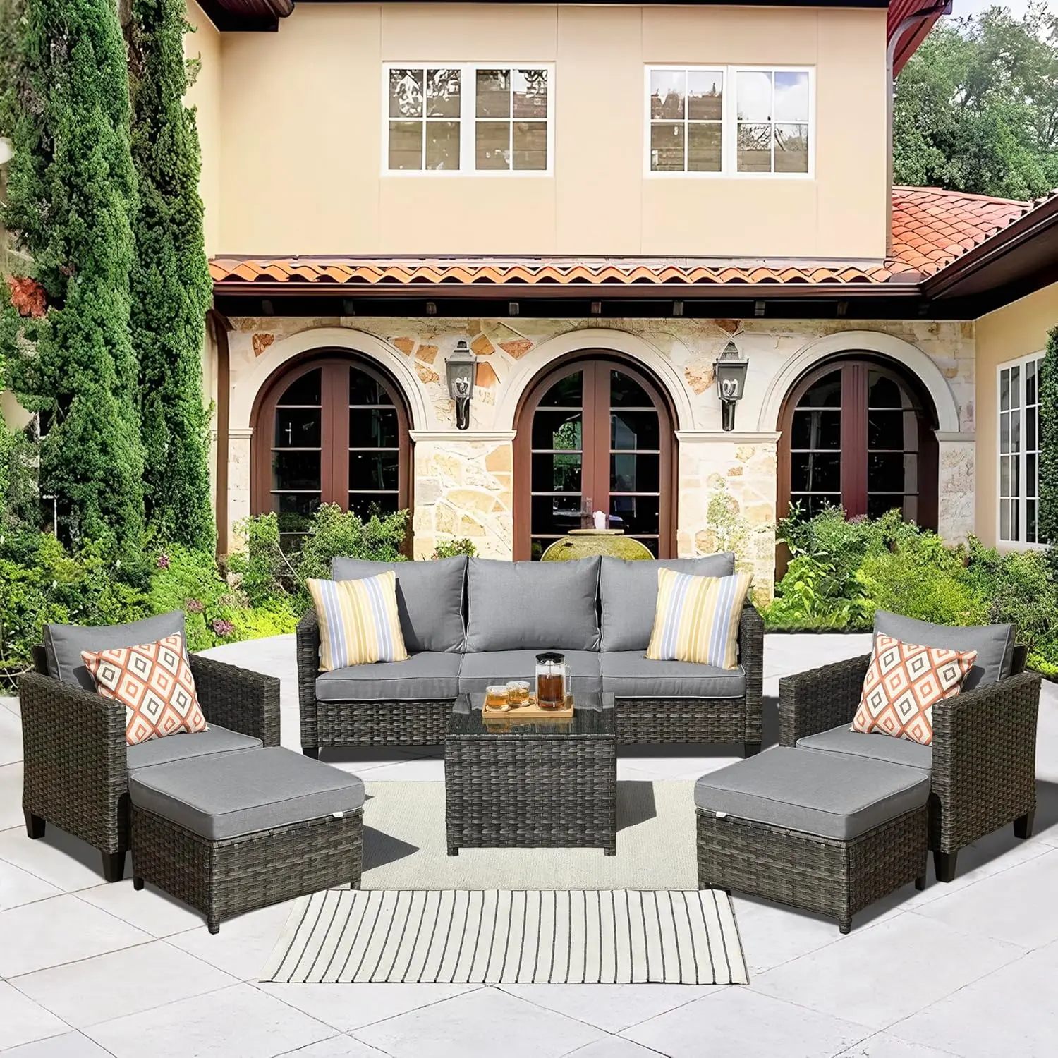 

Patio Furniture Set Outdoor Wicker Sofa Couch /w Glass Table Comfy Cushions Rattan Conversation Set for Backyard Deck Porch