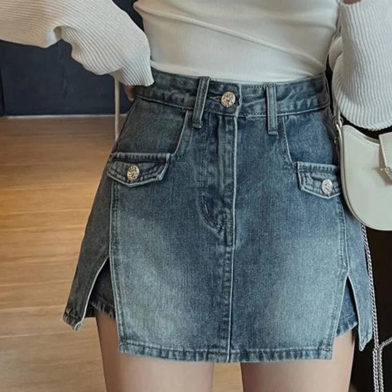 Retro Blue Denim Skirt for Women Stylish A-Shaped High Waist Hip Skirt for Lady Summer 2025 New Sexy Slimming Short Skirts Mujer