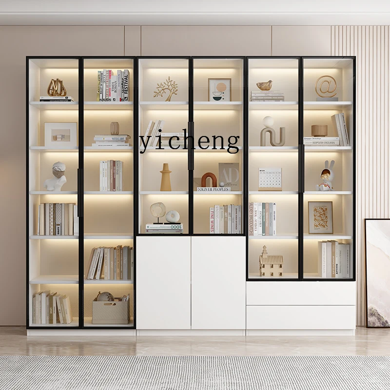 

TWR aluminum bookcase living room simple glass door storage cabinet household floor wine cabinet