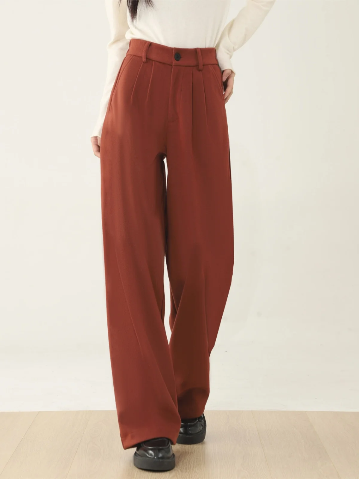 กางเกงสูทขายาวทรงตรงสีน้ำตาลสำหรับผู้หญิง รุ่น Crsu Loose Long Thin ผ้าผสมฝ้ายและขนสัตว์ แฟชั่นต้นฤดูใบไม้ผลิ 2026