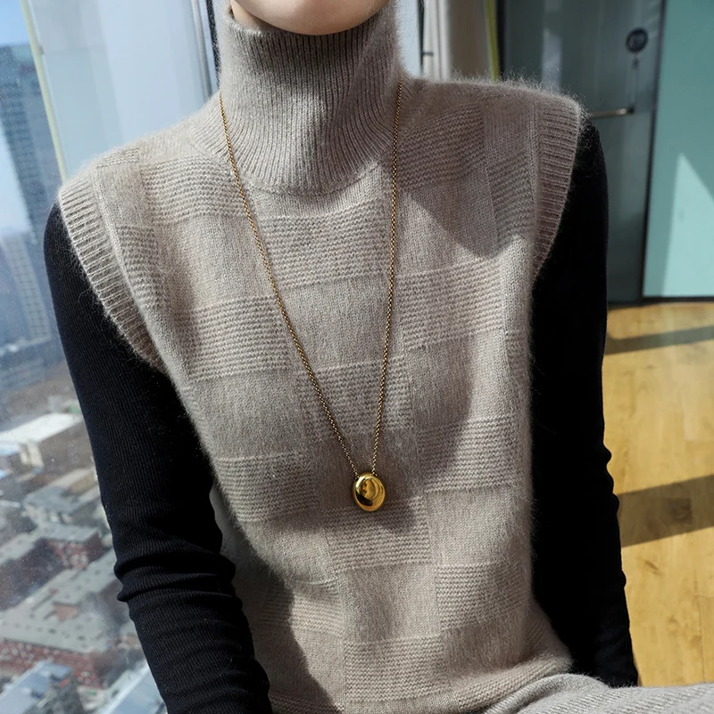 

Soft Sleeveless Knitwear 100% Mink Cashmere Vest Sweater Pullover Women Turtleneck Knitwear Basic Warm Clothing Tops