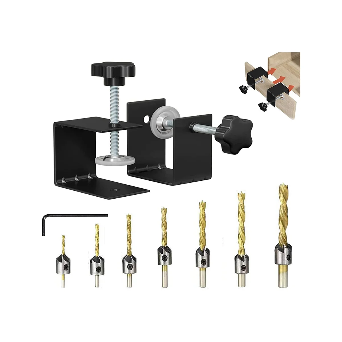 4Pcs Universal Cabinet Hardware C Clamp with Countersink Drill Bits Set, for Woodworking Cabinet Door Installation Pulls