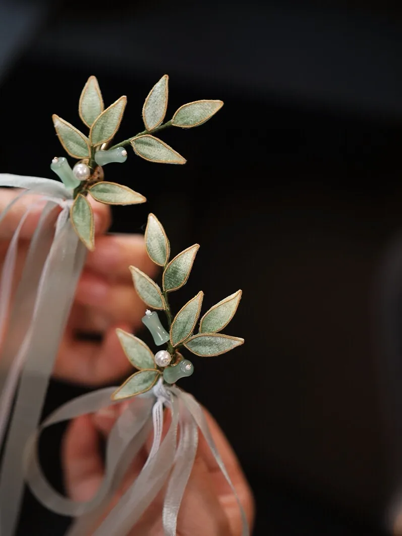 2026 New Chinese Style Hanfu Bamboo Leaf Hair Clips 2pcs Soft Fabric 32cm Long Ribbon Double Ponytail Hair Accessories For Girls