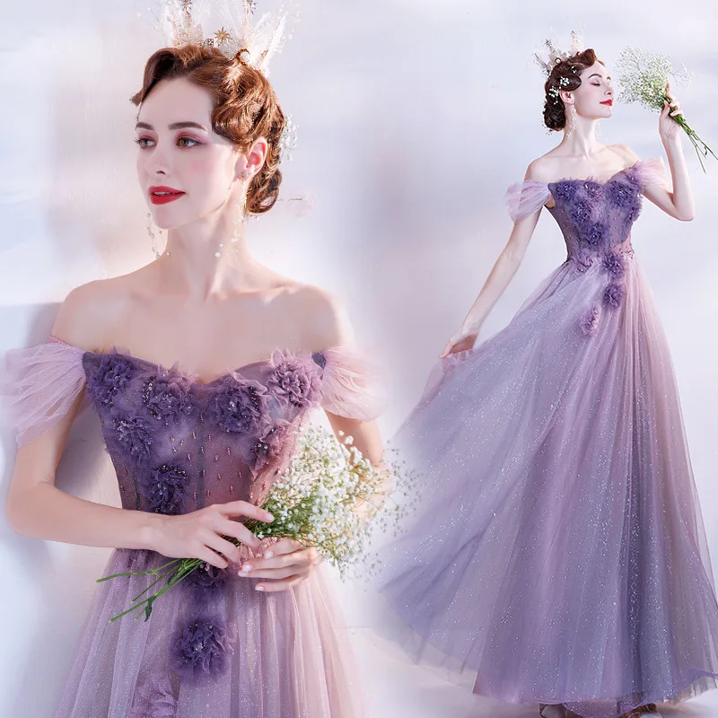 Off Shoulder Flower Fairy Three-dimensional Flower Bead Banquet Birthday Performance Party Starry Sky Evening Dress Customized
