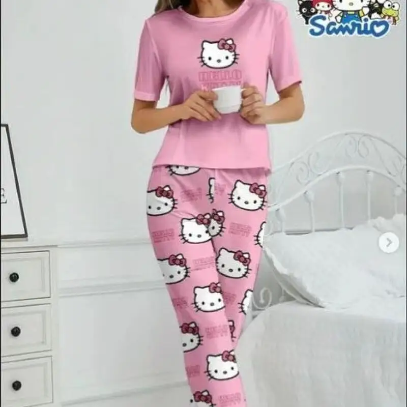 Pajamas Hello Kitty Ladies Spring Autumn New Style Sanrio Short-Sleeved Trousers Comfortable Home Wear Set Street Fashion Cute