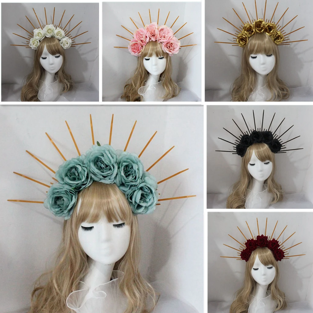 Lolita pałąk Halo chluba Cosplay barokowy Tiara kobiety bogini Mary Sunburst akcesoria do włosów