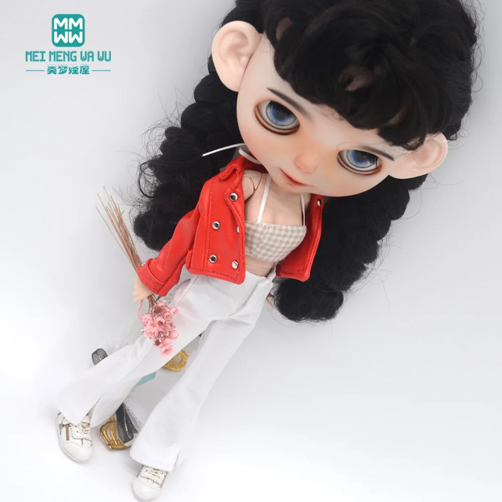 Blyth Puppe Kleidung 28-30cm Azon OB24 Zubehör Mädchen Geschenk Spielzeug Mode Leder Jacke Jeans Ausgestelltes Hosen Rohr top – Detail 31
