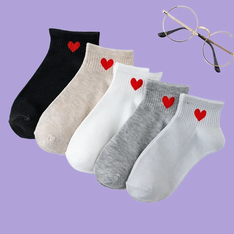 

5 Pairs High Quality Women's Trend Short Socks Cotton Short Novelty Love Heart Pattern Socks Hip Hop Solid Color Cute Girl Socks