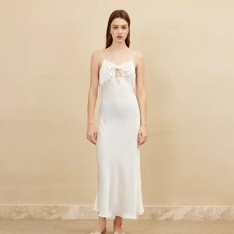 100% seda elegante negro espalda abierta vestido de noche minimalista arco-acente Sling vestido Sexy largo de seda Spaghetti Strap vestido Pastel