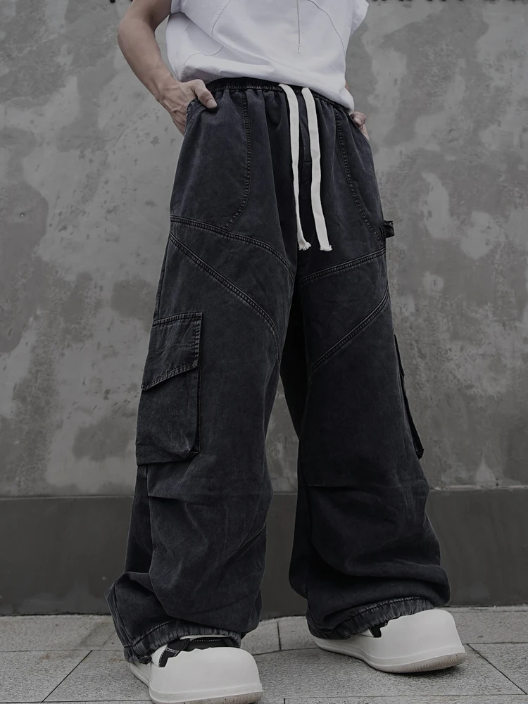 

Large Size Hip Hop Retro Distressed Overalls Multi-Pocket Fleece-Lined Ruffle Handsome Drooping Wide-Leg Pants