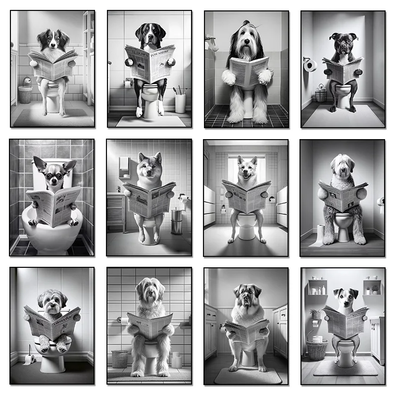 Funny Animal Dog Sitting On The Toilet Reading Newspaper Fashion Poster Canvas Paintings Wall Art Pictures Bathroom Home Deco