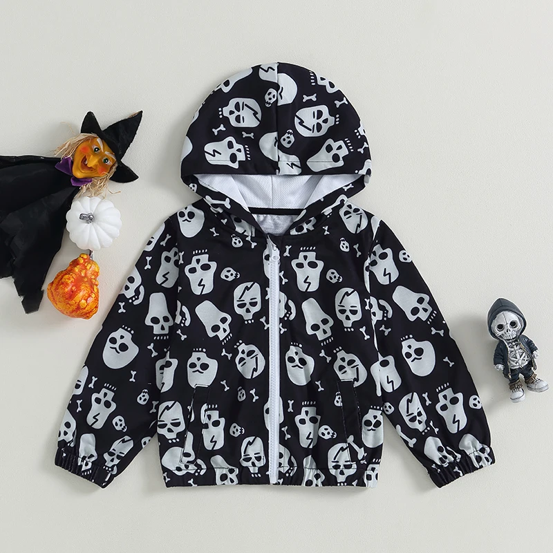 Kids Halloween Costume Hooded Jacket Long Sleeve Skull Print Zipper Coat Toddler Boys Casual Outerwear Coat