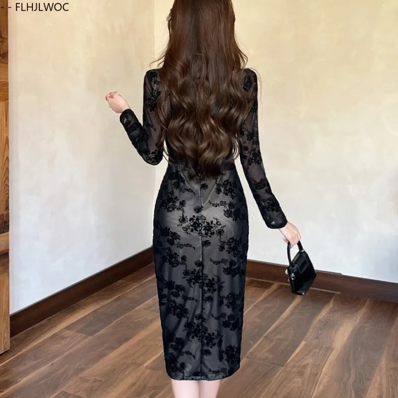 Hollow Out Black Lace Dresses New Fashion Woman Evening Elegant Office Lady European Retro Vintage Long Basic Shirt Dress