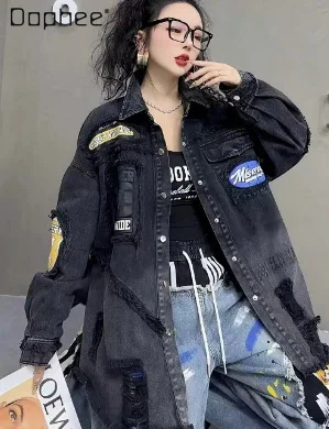 

European Casual Coat Women's 2026 Spring New Heavy Industry Fashion Embroidery Label Letter Printing Ripped Loose Trendy Jackets