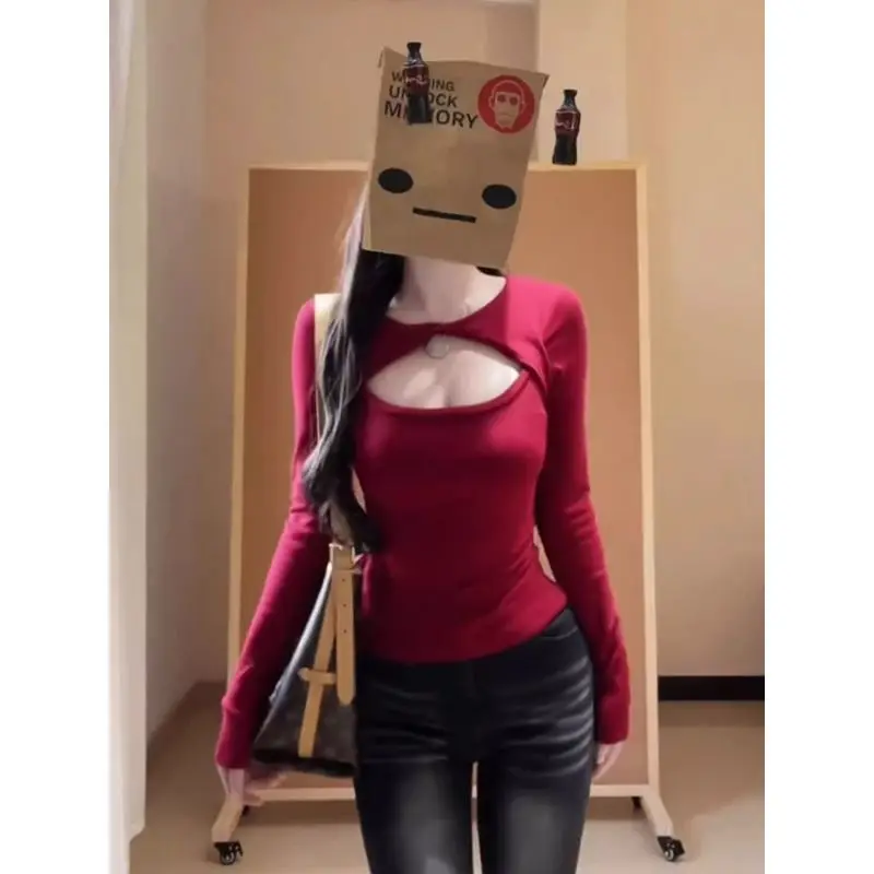 Sexy Spicy Girl Fleece V-neck Hollow out Design Women's Slim Fit Cotton T-shirt Autumn Winter  Color Inner Wear Base Top