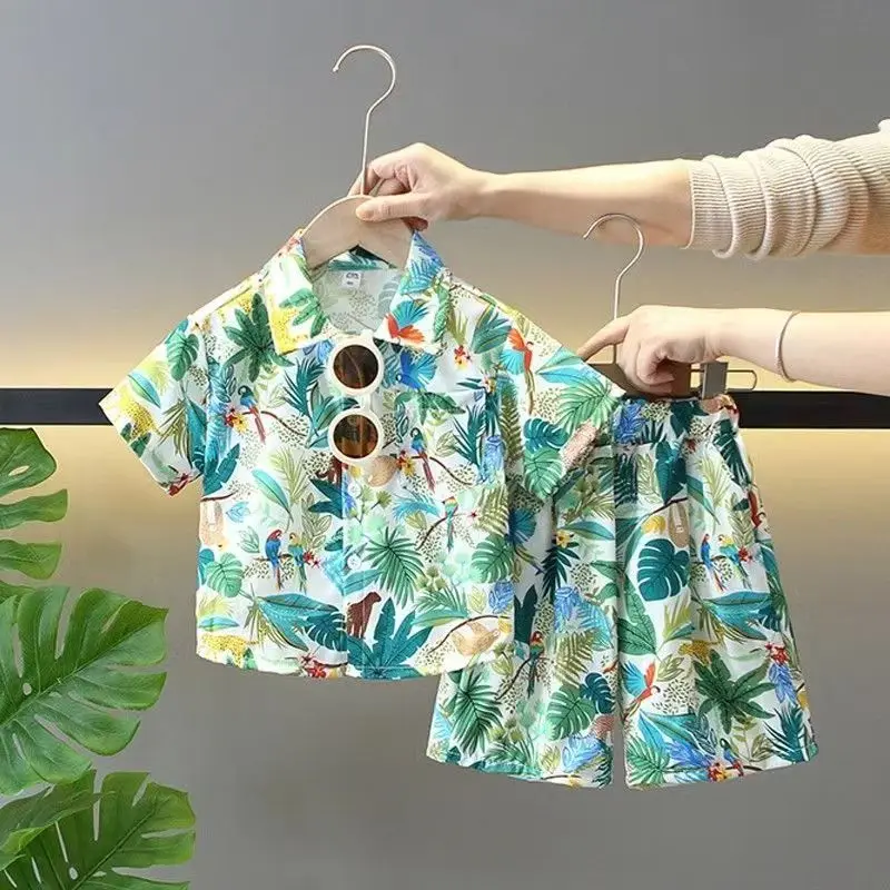 

Boys Summer Suit 2025 New Style Children's Hawaiian Holiday Wind Beach Shirt Short Sleeve Two-piece Set Fashion110-160CM